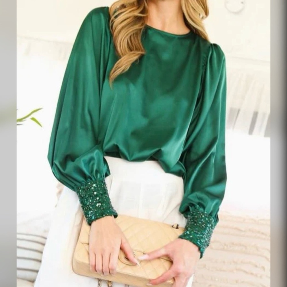 Green Satin & Sequin Cuff Top